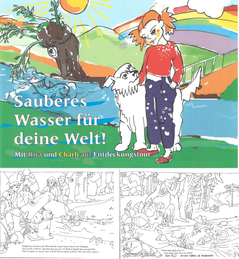 Deckblatt und Auszug aus dem Malbuch "Sauberes Wasser für deine Welt! Mit Rita und Charli auf Entdeckungstour". Zu sehen sind das Mädchen Rita mit ihrem Hund Charli auf einer Wiese stehend. Im Hintergrund ist ein Flusslauf zu sehen in dem ein Fisch schwimmt. Am Ufer des Flusses steht eine Weide. Im Hintergrund sind die Sonne und ein Regenbogen zu sehen.